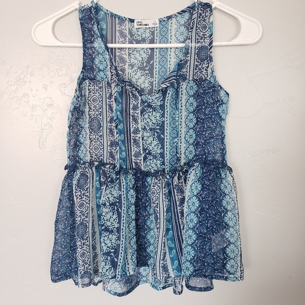 Epic Threads Girls Small Sheer Blue Paisley Floral Tank Top Chiffon